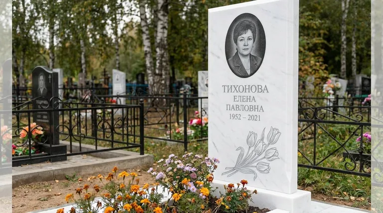 Памятник с гравировкой тюльпанов — выполненная работа «Тихонова» в Уфе