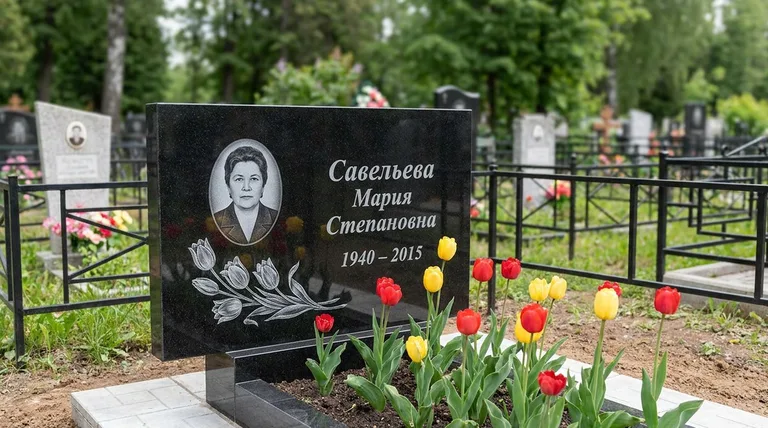 Памятник с гравировкой тюльпанов — выполненная работа «Савельева» в Уфе