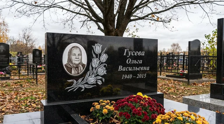 Памятник с гравировкой тюльпанов — выполненная работа «Гусева» в Уфе