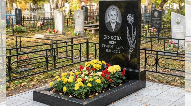 Памятник с гравировкой тюльпанов — выполненная работа «Жукова» в Уфе