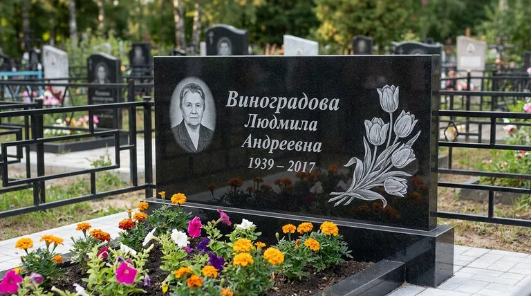 Памятник с гравировкой тюльпанов — выполненная работа «Виноградова» в Уфе