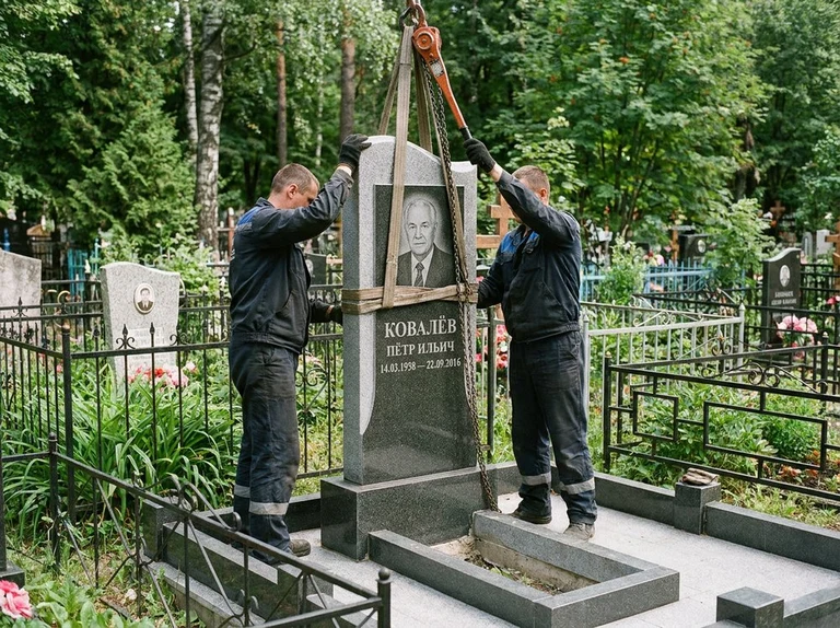 Демонтаж памятника на кладбище в Уфе — бригада аккуратно снимает старый гранитный памятник с могилы