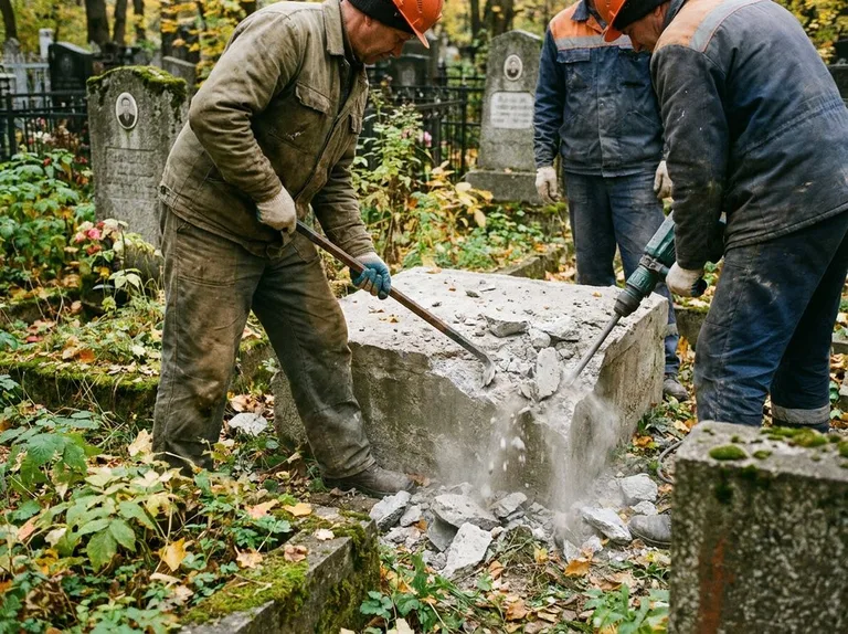 Демонтаж бетонного цоколя и тумбы памятника в Уфе