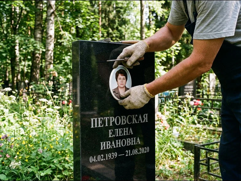 Фото на керамике на памятник в Уфе — мастер устанавливает овальный керамический портрет на гранитный памятник