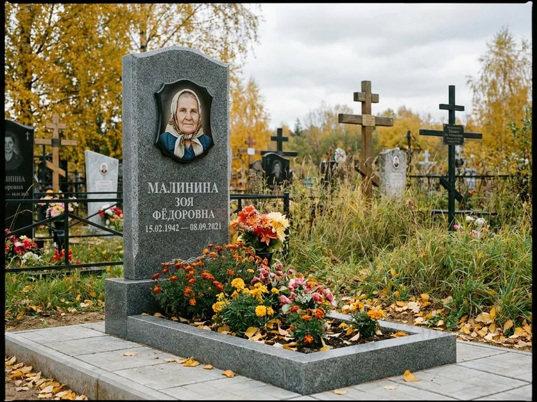 Чёрно-белый керамический портрет на памятнике в Уфе