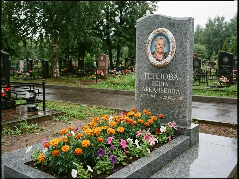 Керамический портрет на памятнике с цветами в Уфе