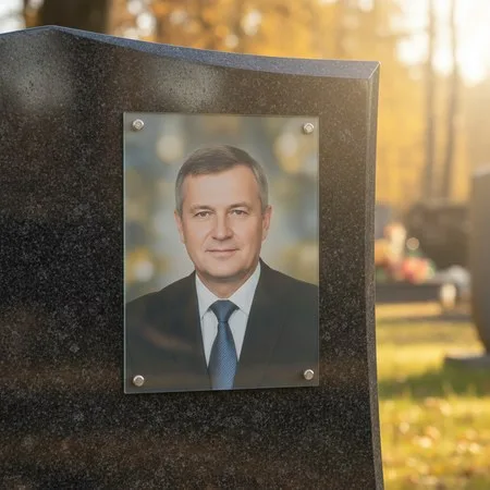 Портрет на стекле на держателях на чёрном граните в Уфе