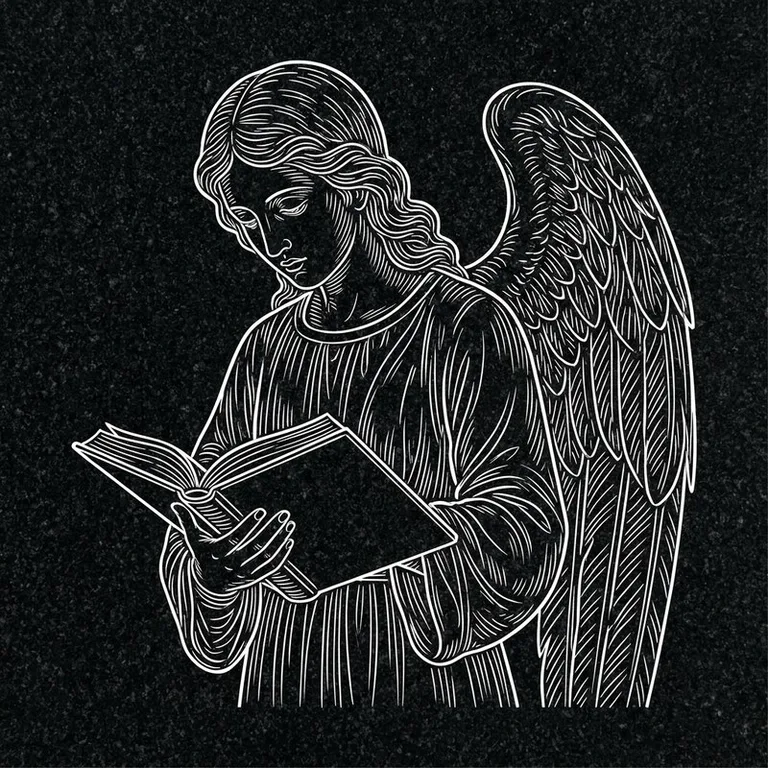 Эскиз гравировки ангела на памятник — ангел с раскрытой книгой в Уфе