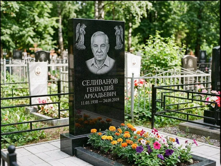 Памятник с гравировкой ангела — гравировка двух ангелов по сторонам портрета, работа «Селиванов» в Уфе