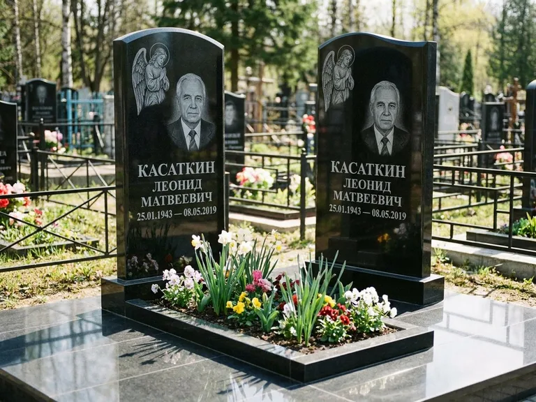 Памятник с гравировкой ангела — гравировка молящегося ангела в верхней части стелы, работа «Касаткин» в Уфе