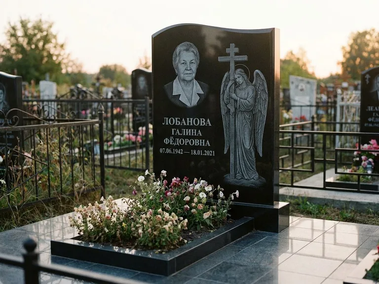 Памятник с гравировкой ангела — гравировка ангела с крестом рядом с эпитафией, работа «Лобанова» в Уфе