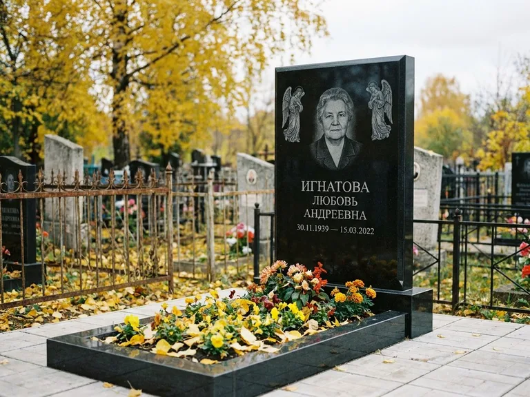 Памятник с гравировкой ангела — гравировка двух ангелов по сторонам портрета, работа «Игнатова» в Уфе