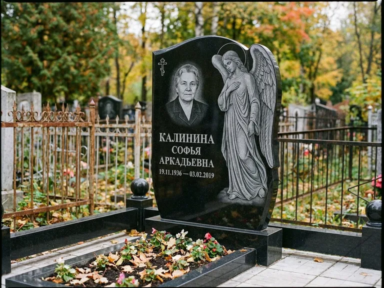 Памятник с гравировкой ангела — гравировка ангела с крестом рядом с эпитафией, работа «Игнатова» в Уфе