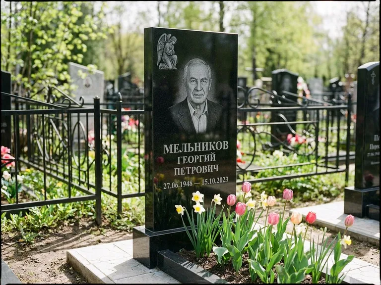 Памятник с гравировкой ангела — гравировка ангела с голубем по диагонали стелы, работа «Доронин» в Уфе