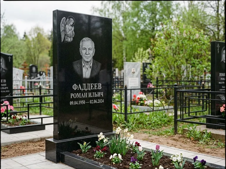 Памятник с гравировкой ангела — гравировка молящегося ангела в верхней части стелы, работа «Фаддеев» в Уфе