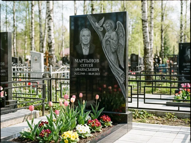 Памятник с гравировкой ангела — гравировка двух ангелов по сторонам портрета, работа «Касаткин» в Уфе