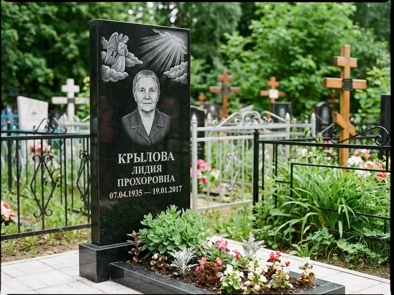 Памятник с гравировкой ангела — гравировка ангела в облаках с лучами над портретом, работа «Лобанова» в Уфе