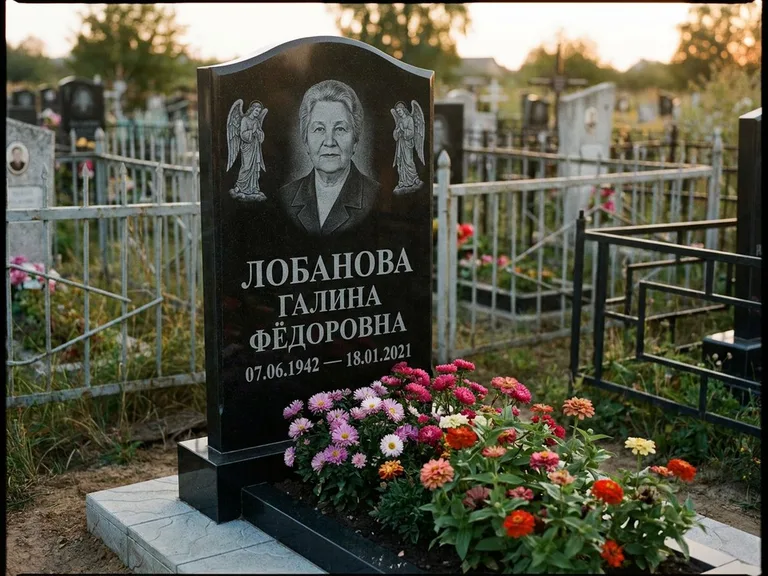Памятник с гравировкой ангела — гравировка двух ангелов по сторонам портрета, работа «Лобанова» в Уфе