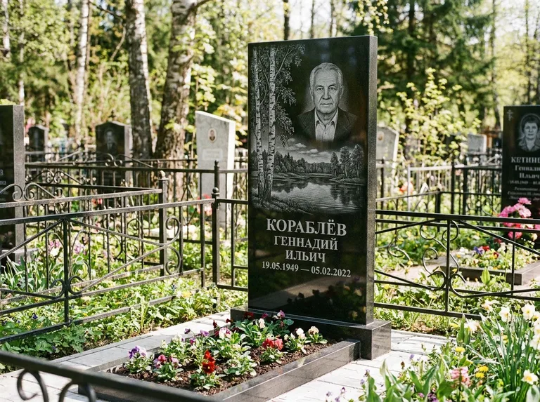 Памятник с гравировкой берёзы — гравировка берёзы у зеркального озера, работа «Кораблёв» в Уфе