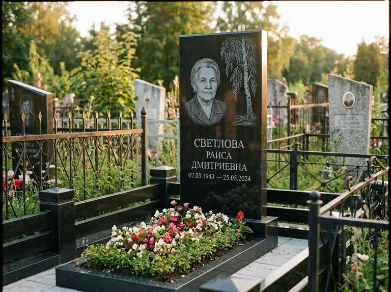 Памятник с гравировкой берёзы — гравировка плакучей берёзы с тонкими ветвями, работа «Светлова» в Уфе