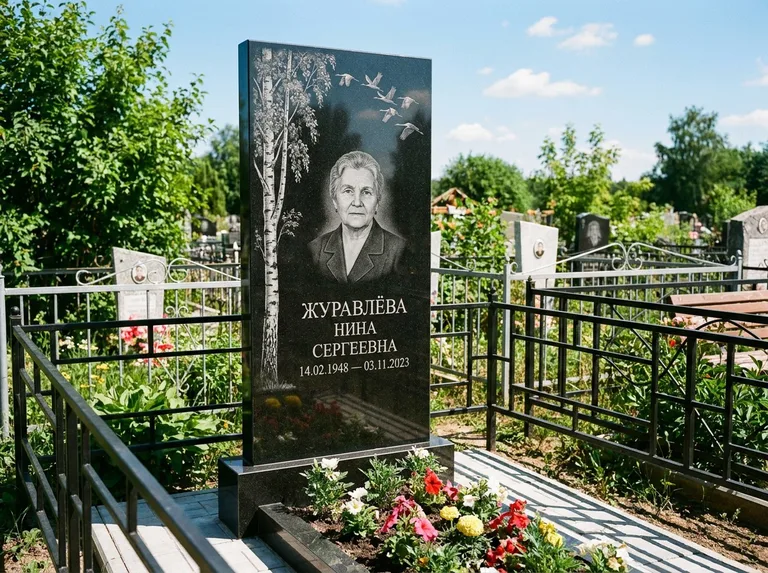 Памятник с гравировкой берёзы — гравировка берёзы с журавлиным клином в небе, работа «Журавлёва» в Уфе