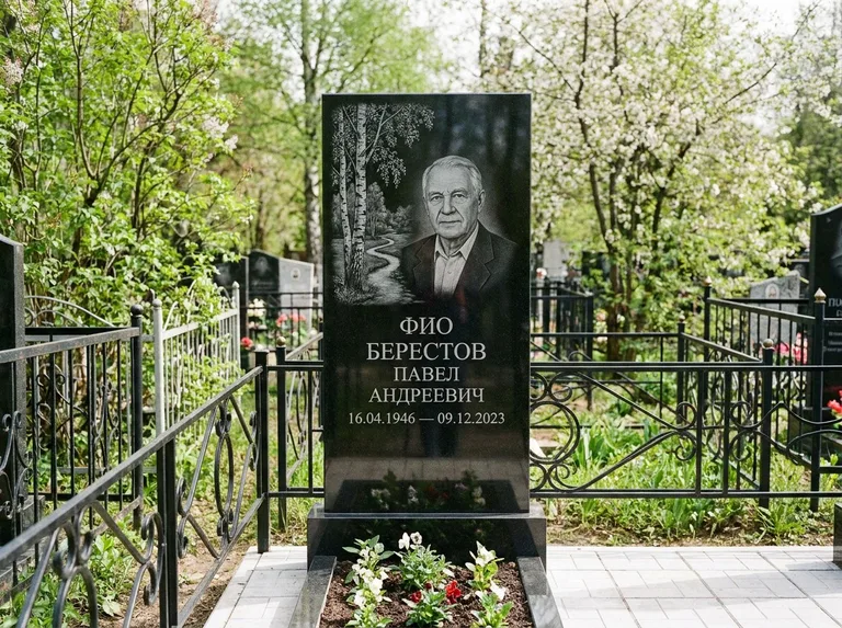 Памятник с гравировкой берёзы — гравировка берёзы у тропинки, уходящей вдаль, работа «Берестов» в Уфе