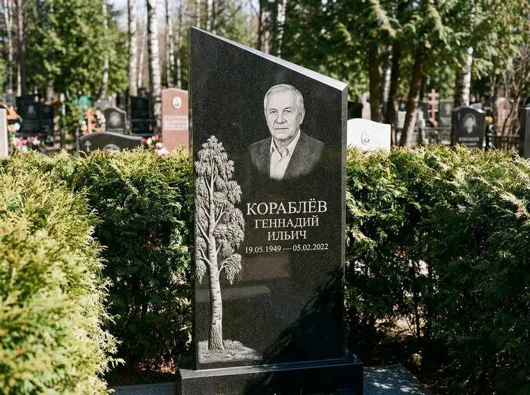 Памятник с гравировкой берёзы: асимметричная скошенная стела — объёмная одинокая берёза с фактурной корой, живая изгородь из туи, работа «Кораблёв» в Уфе