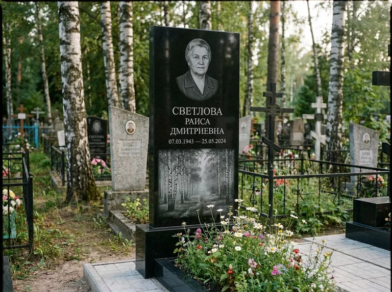 Памятник с гравировкой берёзы: двойная семейная стела — берёзовая роща в лёгкой дымке, цветник с полевыми цветами, работа «Светлова» в Уфе