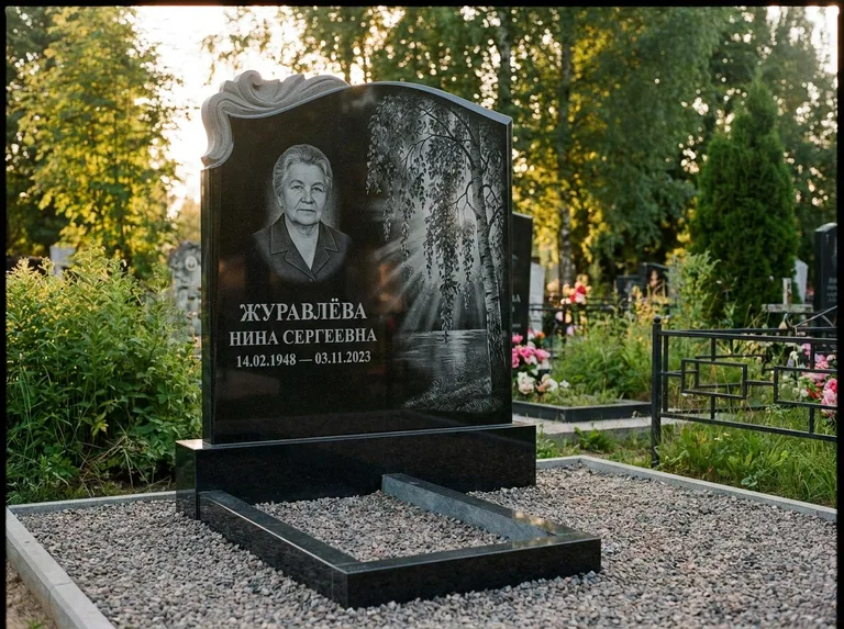 Памятник с гравировкой берёзы: стела с фигурным резным верхом — плакучая берёза в контровом свете, гравийная отсыпка, рассвет, работа «Журавлёва» в Уфе