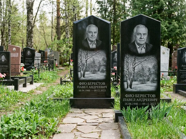 Памятник с гравировкой берёзы: массивная стела с двускатным навершием — зимняя берёза, снег на ветвях, дорожка из природного плитняка, работа «Берестов» в Уфе