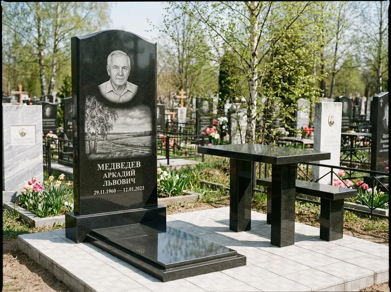 Памятник с гравировкой берёзы: стела с гранитным столиком и скамьёй — берёза у поля, простор до горизонта, семейный участок с плиткой, работа «Медведев» в Уфе