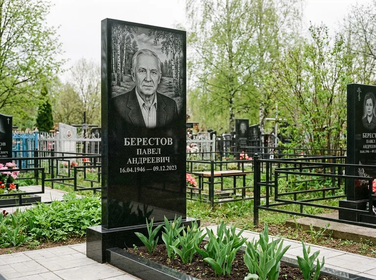Памятник с гравировкой берёзы — гравировка берёзовой рощи в глубину, работа «Берестов» в Уфе