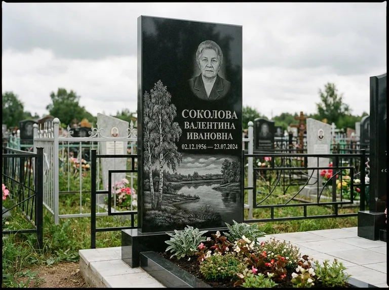 Памятник с гравировкой берёзы — гравировка берёзы у зеркального озера, работа «Соколова» в Уфе