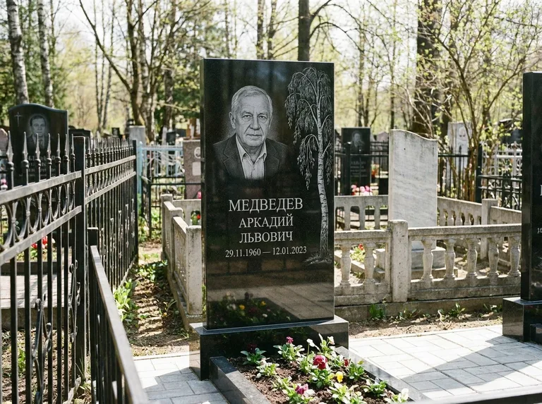 Памятник с гравировкой берёзы — гравировка плакучей берёзы с тонкими ветвями, работа «Медведев» в Уфе