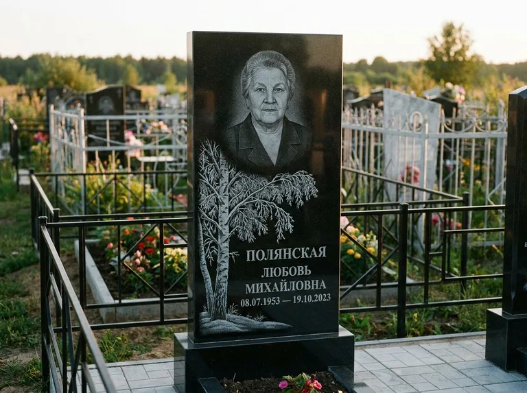 Памятник с гравировкой берёзы — гравировка зимней берёзы в инее, работа «Полянская» в Уфе