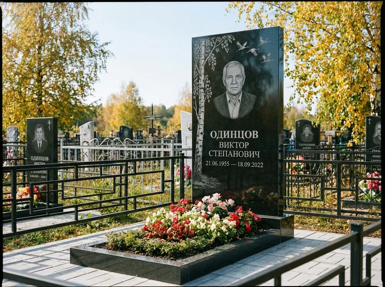 Памятник с гравировкой берёзы — гравировка берёзы с журавлиным клином в небе, работа «Одинцов» в Уфе