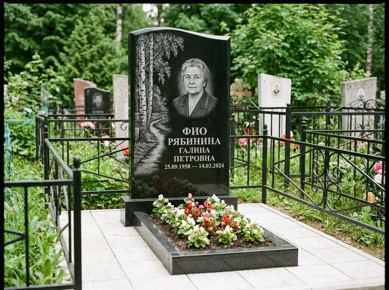 Памятник с гравировкой берёзы — гравировка берёзы у тропинки, уходящей вдаль, работа «Рябинина» в Уфе