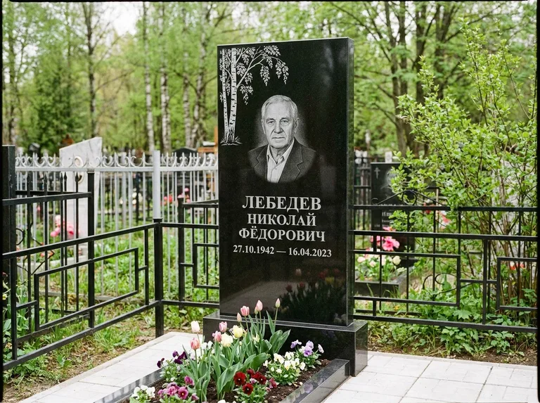Памятник с гравировкой берёзы — гравировка одинокой берёзы над именем, работа «Лебедев» в Уфе