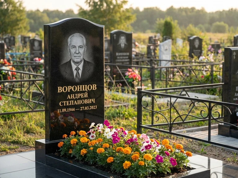 Гравировка фото на памятнике в Уфе — готовый гравированный портрет на чёрном граните