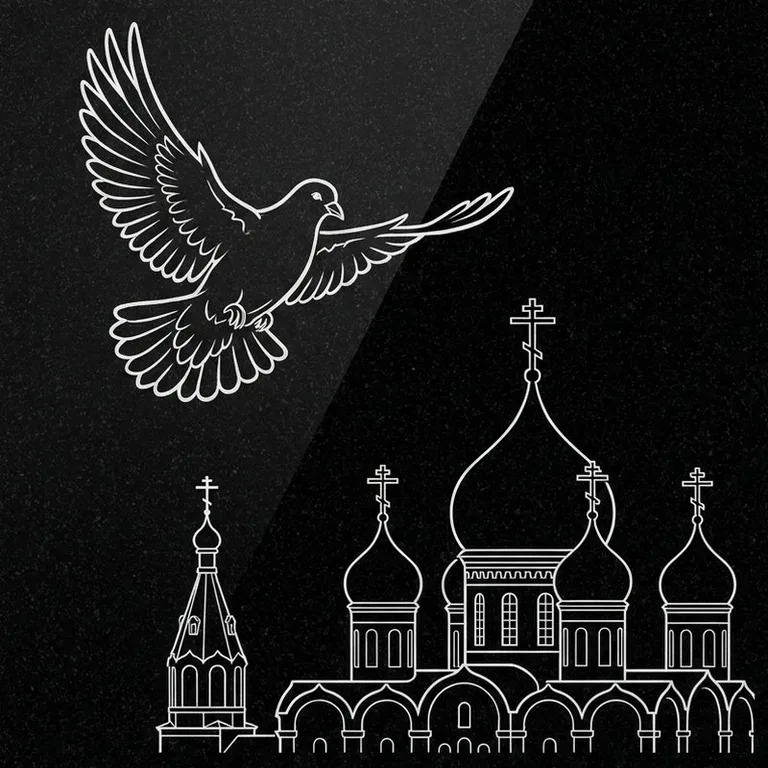 Эскиз гравировки голубей на памятник — голубь в небе над храмом в Уфе