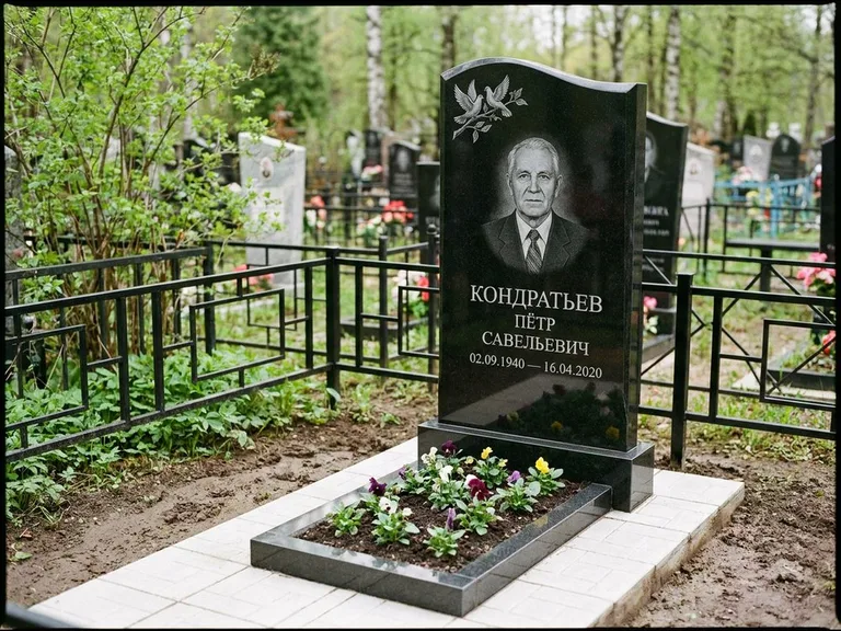 Памятник с гравировкой голубей — гравировка пары голубей на ветке в верхнем углу стелы, работа «Кондратьев» в Уфе