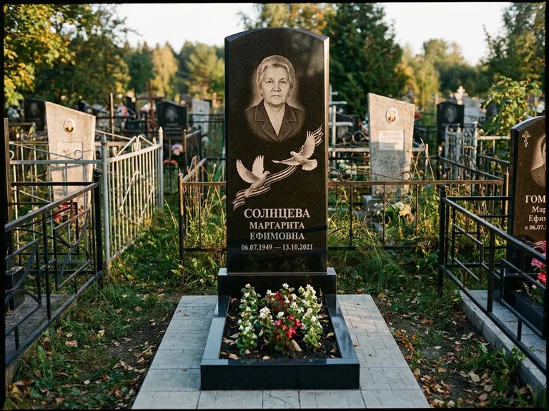 Памятник с гравировкой голубей — гравировка двух летящих голубей с лентой по диагонали стелы, работа «Солнцева» в Уфе