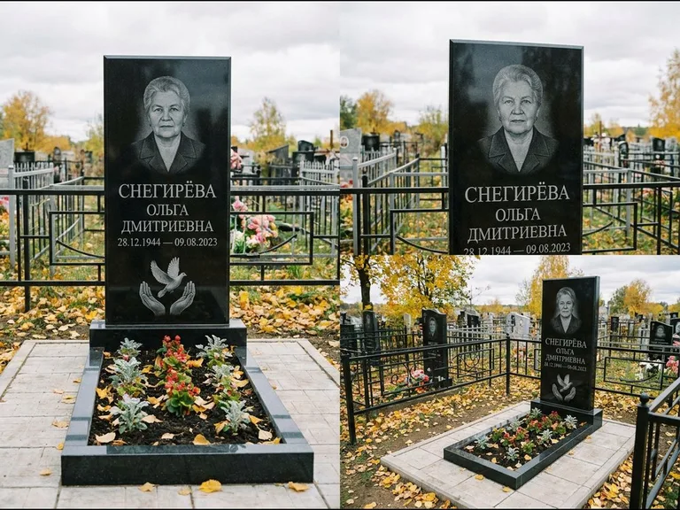 Памятник с гравировкой голубей — гравировка голубя над раскрытыми ладонями внизу стелы, работа «Снегирёва» в Уфе