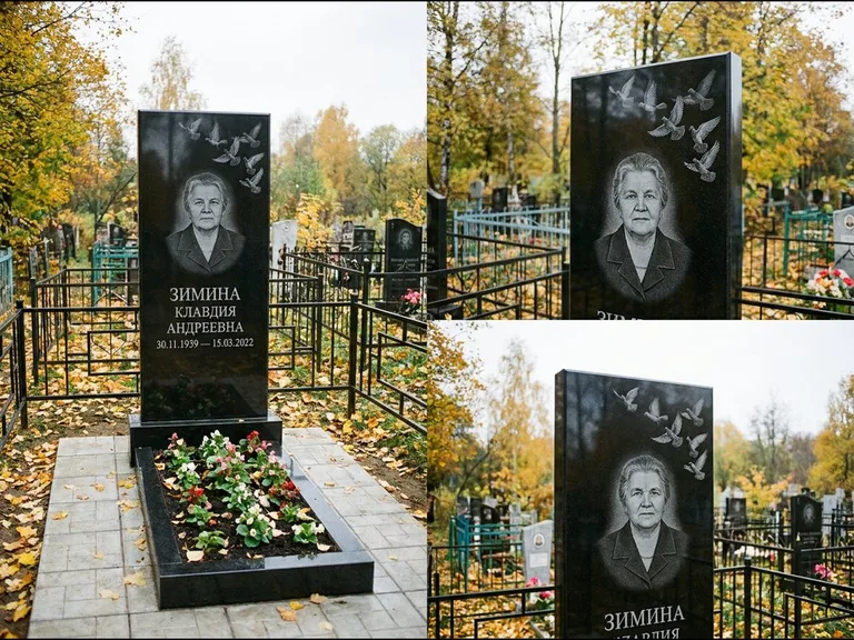 Памятник с гравировкой голубей — гравировка стаи голубей, взлетающей от угла стелы, работа «Зимина» в Уфе