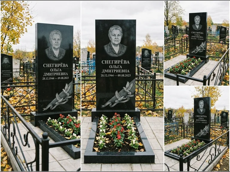 Памятник с гравировкой голубей — гравировка двух летящих голубей с лентой по диагонали стелы, работа «Снегирёва» в Уфе