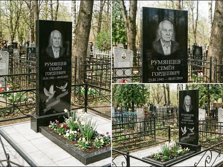 Памятник с гравировкой голубей — гравировка двух летящих голубей с лентой по диагонали стелы, работа «Румянцев» в Уфе