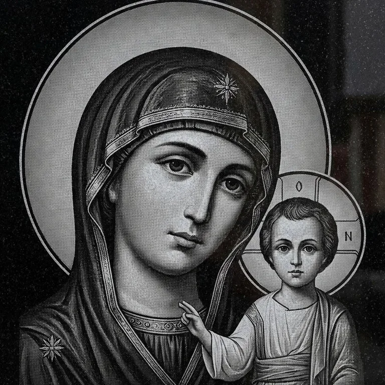 Эскиз иконы: Казанская (полутон) — детальный образ Богородицы, гравировка на памятник в Уфе