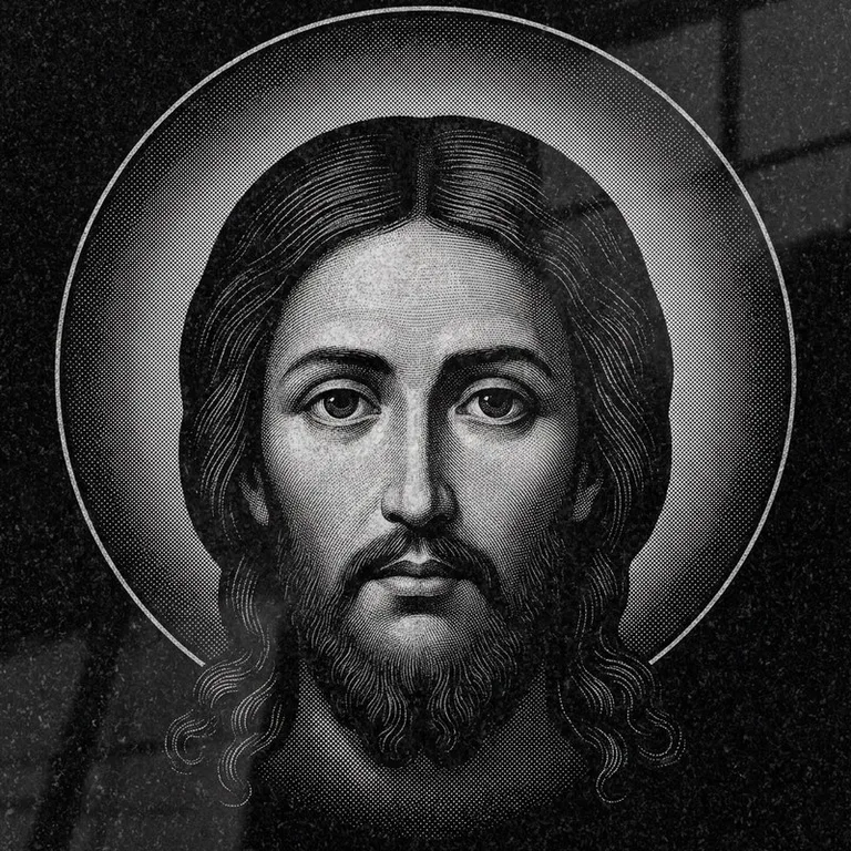 Эскиз иконы: Спас Нерукотворный (полутон) — детальный лик на убрусе, гравировка на памятник в Уфе