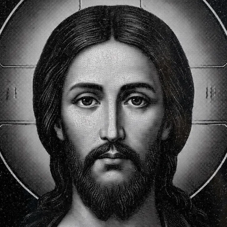 Эскиз иконы: Спас Вседержитель (полутон) — объёмный лик, светотень, гравировка на памятник в Уфе