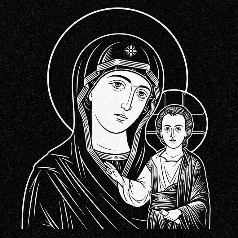 Эскиз иконы: «Утоли моя печали» — облегчение скорби, гравировка на памятник в Уфе